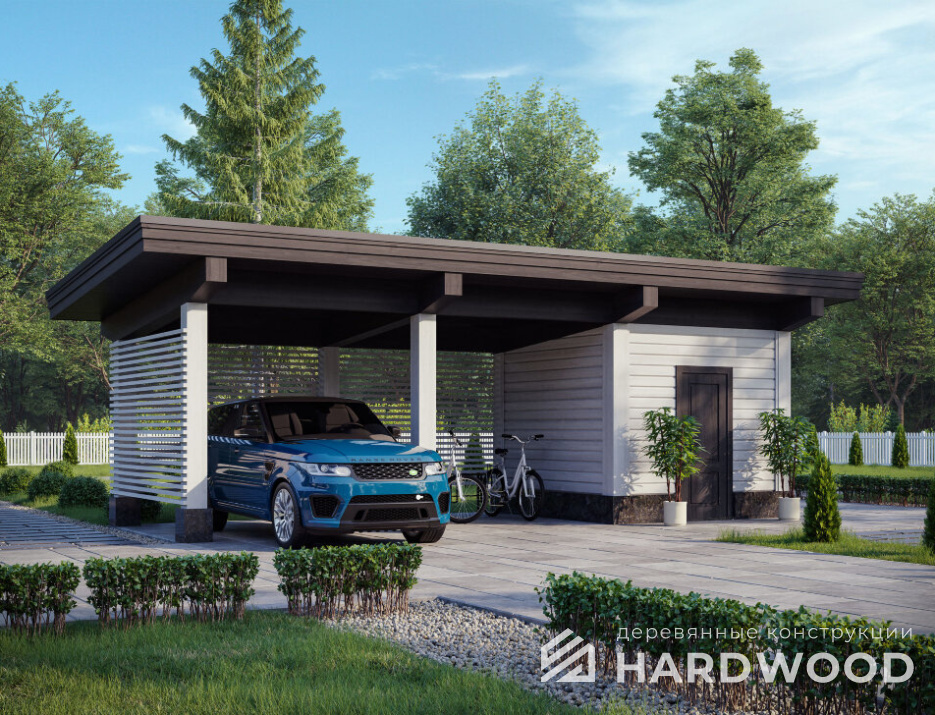 Деревянный навес для машины с хозблоком №168 - фото 1028